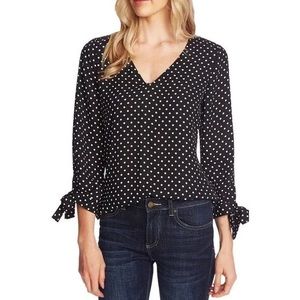 CeCe Heirloom Polka Dot Long Sleeve Blouse Tie Cuff Black & White Small New